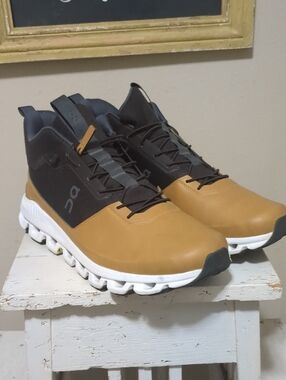 On Running Men's Mid-Top Athletic Sneakers in Tan and Black